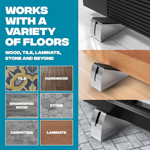 Image of STRONGEST HOME Stoppers for Bottom of Door - Heavy Duty Metal Rubber Door Stopper, Non-Slip Door Stop for Heavy Doors, Works on Wood, Tile & Carpet Floors, Folding Chrome 1 PC + White Wall Protectors