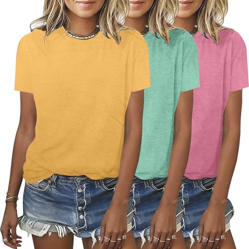 BLACKMYTH Womens 3 Pack Basic T Shirts Summer Tops 2026 Fashion Short Sleeve Comfy Casual Vacation Tees Yellow LightGreen Pink X-Large