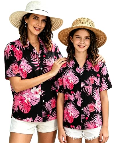Image of SANGTREE Girls & Women's Hawaiian Shirts Button Down Short Sleeve Floral Tropical Shirt Beach Vacation Blouse Tops