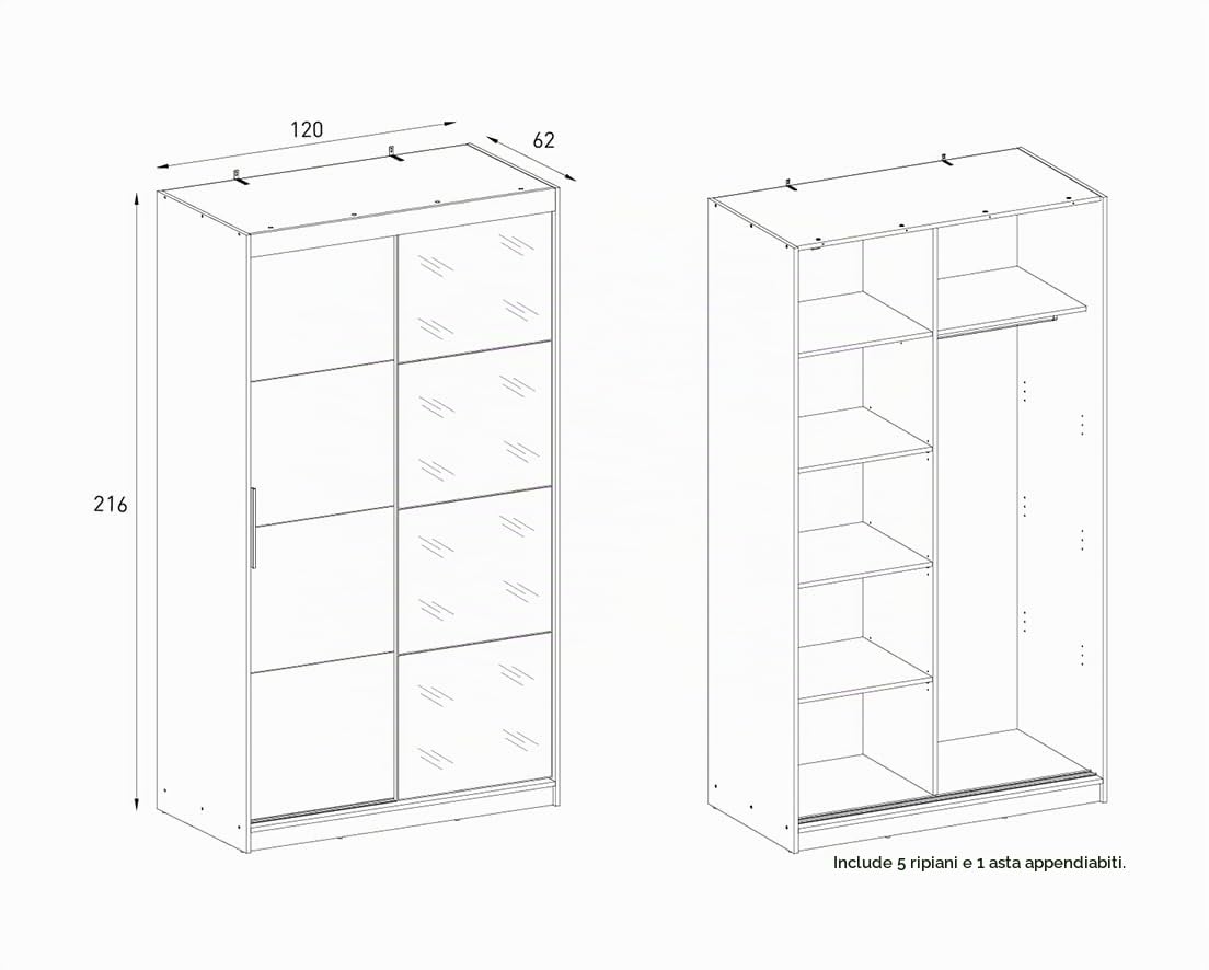 Armadio a 2 ante scorrevoli con specchio a corpo intero, misure 216 x 120 x 62 cm, interno con 5 ripiani e barra sospesa