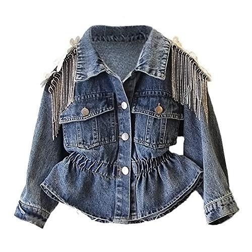 WELAKEN Jean Jacket for Girls Kids & Toddler with Rhinestone Tassels Denim Jacket & Outerwear Coats,6-7Y