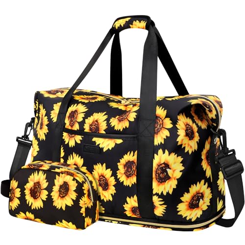 Expandable Travel Duffle Bag, Waterproof Weekender Overnight Bags for Women Men Hospital Bag for Women Labor Delivery Carry on Bag with Toiletry Bag for Travel Gym Airplanes(Sunflower, X-Large)
