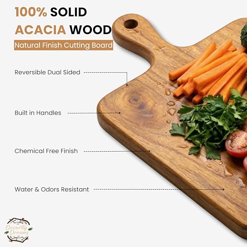 Image of Single Piece Solid Acacia Wood Reversible Cutting Board - Natural Finish Wooden Chopping Board, Serving Tray 38x23x2 cms Handmade (CHB)