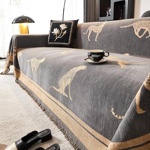 Housse de canapé en chenille 3 places jeté couverture protection animaux gris - 4