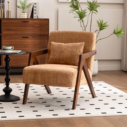 DRKAT Mid-Century Modern Accent Chair with Solid Wood Frame，Upholstered Chenille Living Room Arm Chairs with Pillow for Bedroom, Living Room, Reading Room, Balcony, Brown
