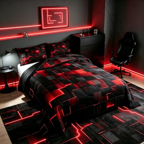 Image of Erosebridal Black and Red Comforter Set Full Neon Geometric Checkered Bedding Set Gamer Room Decor for Boys,Abstract Grids Quilt Comforter for Kids Teen Men Plaid Check Bed Set 3 Pcs