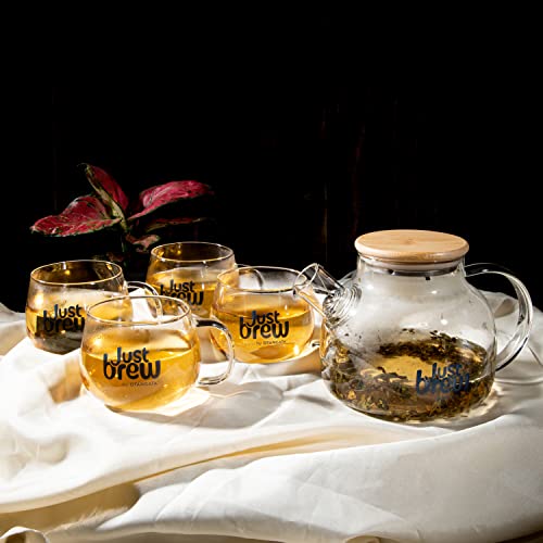 JustBrew® Crystal Skyline Tea Cup Set of 5 | Borosilicate Glass Tea Pot with 4 Cups | Drinkware with 1100ml Liquid Capacity of All Includes 4 high-Density Glass Pot | Tea Kettle and Cup Set | Total Set of 5 Drinkware