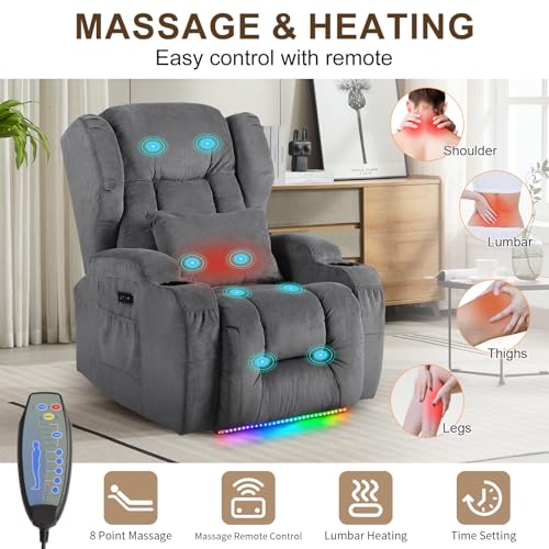 Image of DRMBOOK Power Recliner Chair, Electric Wall Hugger Reclining Sofa with Massage & Heat, Overstuffed Theater Seating with LED /USB Port /Cup Holders for Living Room (Linen Grey, 2 Chairs)
