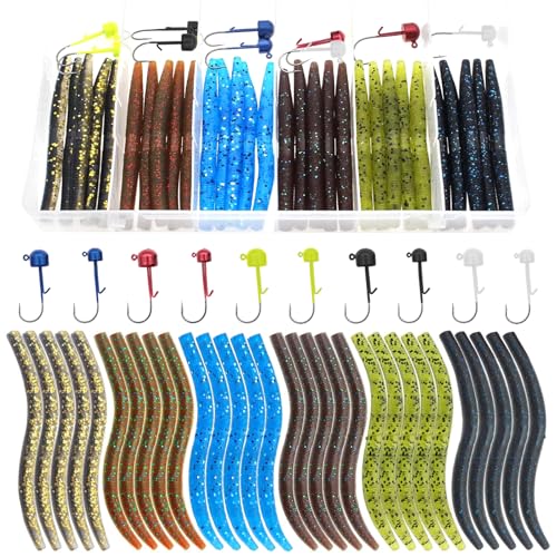 Lilureena 40 Pcs Senko Worms Fishing 3''Soft Lures Plastic Bait Jig Head Kit Plastic Worms Kit for Bass Fishing