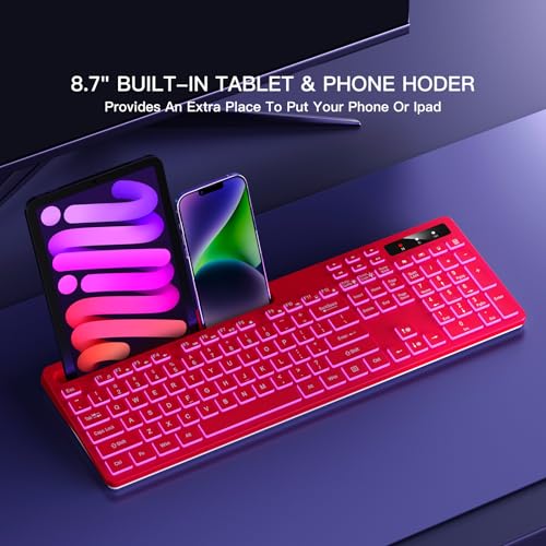 Image of Soueto Wireless Keyboard with 7-Color RGB Backlit, Full-Size Computer Keyboard with Phone Tablet Holder, 2.4G Rechargeable Gaming Keyboard with Light Up Keys, Compatible with Mac, Windows (Red)