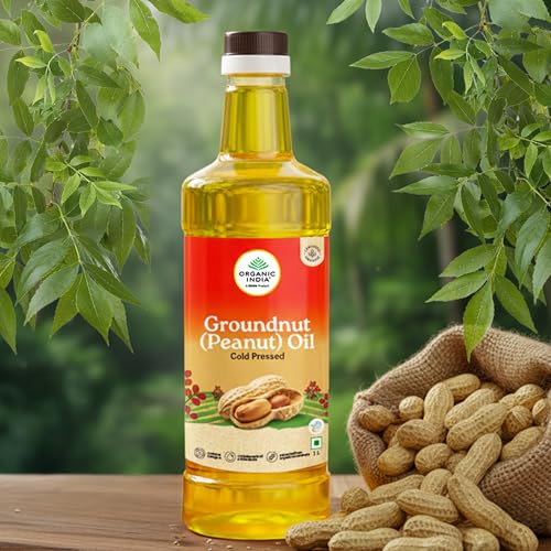 Image of Organic India Groundnut (Peanut) Oil, 1000ml | Cold Pressed Unrefined Organic Oil with Natural Flavour | Certified Organic and Lab Tested on 250+ Parameters | Perfect for Daily Cooking | Natural Aroma and Taste