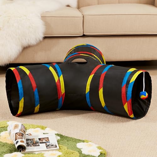 Image of Tempcore Cat Tunnel for Indoor Cats, 3 Way Collapsible Pet Play Tunnel with Teaser Wand, Peek Holes & Hanging Ball, Interactive Tube for Kittens & Rabbits, Black & Rainbow