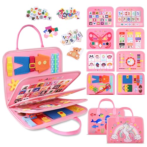 Image of GONINO Toddler Busy Board Montessori Toys for 1-3 Year Old Girls, Sensory Busy Book for Toddlers 1-3, Learning Activities for Fine Motor Skills, Travel Toys for Airplane Car, Gifts for 1 Year Old Girl