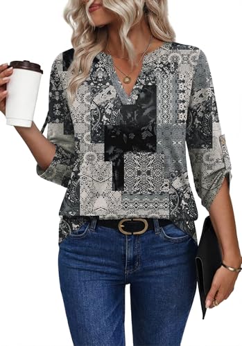 Image of XIEERDUO 3 /4 Length Sleeve Womens Tops V Neck T Shirts Both Side Buttons Blouses Business Casual Outfits Loose Fit