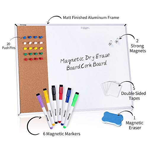 White Board & Cork Bulletin Board, 24\" X 18\", Combination Dry Erase Board & Cork Board, Vision Board for Home, Office, School - Includes 6 Magnetic Markers, 1 Eraser, 2 Strong Magnets and 10 Pins. - Thumbnail 5