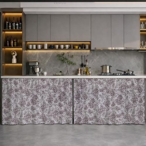 Image of LINENWALAS Under Sink Curtain for Kitchen - Pack of 2 | 150x70 cm Cotton Under-Sink Cover | Washable Storage-Hiding Curtain with Rod Pocket | Kitchen & Bathroom Cabinet Cover (Brown Botanical)