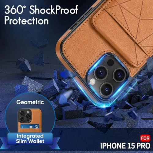 Image of amazon basics Premium Vegan Leather Back Cover with Card Holder and Integrated Mobile Stand for iPhone 15 Pro - Slim Shockproof Wallet Case with Geometric Stitching [Tan]