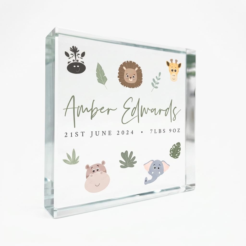 Personalised Jungle New Baby Crystal Token | Custom with Name & Date | A Unique Christening or New Baby Gift for a Newborn