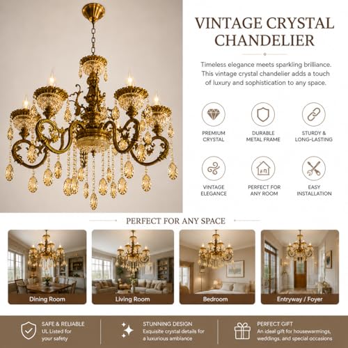 Image of Modern Contemporary Glass Chandelier Ceiling Lighting Lamp Hanging Chandelier, 6-Light Antique Gold Finish Light with Bulbs