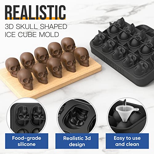 Mtko 3D Skull Ice Cube Mold - Flexible Silicone Skull Ice Maker Mold For Whiskey - 10 Cavity Skull Ice Cube Tray With Funnel - Skull Silicone Mold For Baking, Chocolate, Candy And Resin #TOP2