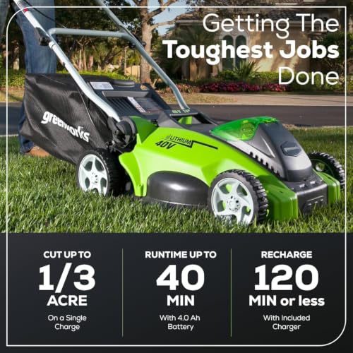 Image of Greenworks 40V 16 inch (Push) Cordless Lawn Mower (1 /3 Acre) + 12 inch String Trimmer + Leaf Blower, 4.0Ah + 2.0Ah Batteries and (2) Chargers Included