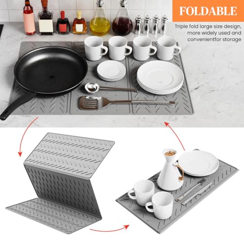 Image of Supvox Kitchen Dry Mat Triple Fold Silicone Utility Mat Grooved Surface Dry Mat Dishes Drain Mat Heat Resistant Countertop Protector Mat Anti-slip Silicone Table Mat with Hanging Hole, 24x16in