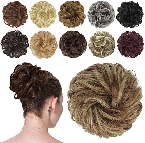 FESHFEN Messy Bun Hair Piece, Messy Hair Bun Scrunchies for Women Brown and Blonde Synthetic Wavy Curly Chignon Ponytail Hair Extensions Thick Updo Hairpiece for Daily Wear 1PCS