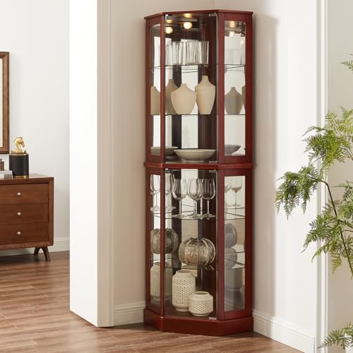 Lighted Curio Cabinet Corner Display Case for Living Room, China Hutch with Tempered Glass Doors and Shelves, Wooden Accent Cabinet, Bar and Liquor Storage Area(E26 light bulb not included) (Cherry)
