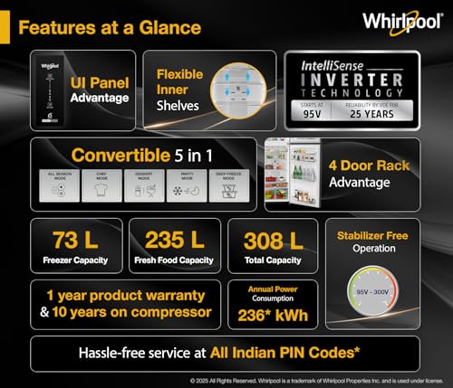 Image of Whirlpool 308 L 3 Star Convertible Frost Free inverter Double Door Refrigerator (IF INV 355 TITAN STEEL(3S) CONV-TL)