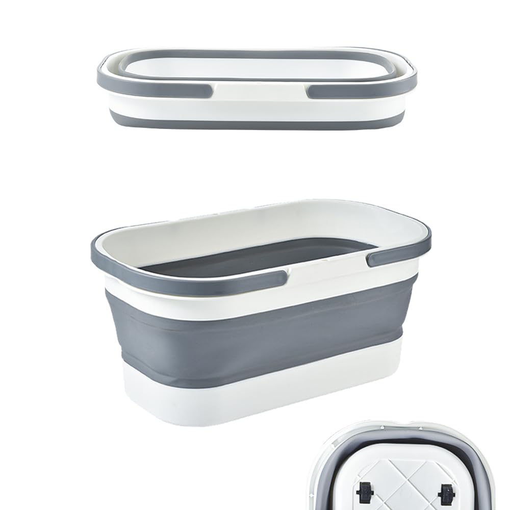 Blinggo Collapsible Plastic Mop Bucket with Wheels 12L, Portable and Space Saving, Multi-Function House Cleaning, Camping, and Mop Tub, Rectangular Large Capacity (Gery)