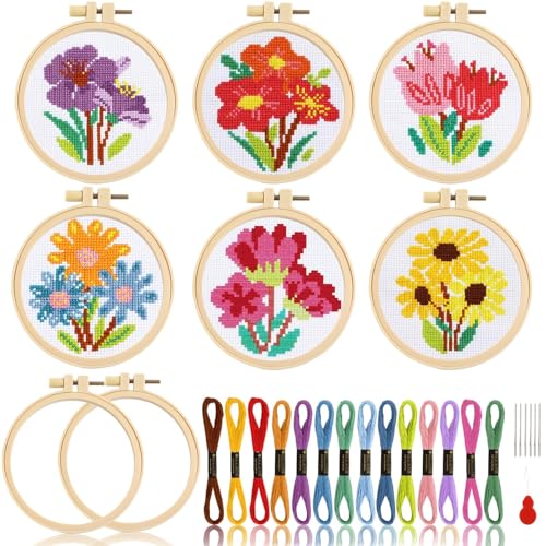 ZOIIWA 6PCS Spring Summer Themed Flower Cross Stitch Kits for Beginners DIY Embroidery Kit for Kids Adults Mother's Day Gift Birthday Gift Needlepoint Patterns with 2 Embroidery Hoops Craft Supplies