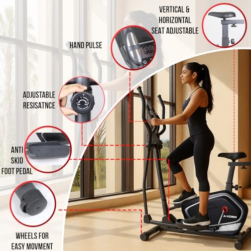 Image of Kobo Elliptical Cross Trainer for Home with 6 Kg Flywheel | Full Body Cardio Workout Machine | Adjustable Resistance | LCD Display | Max User Weight 130 Kg