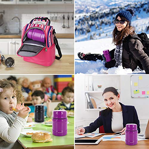 Nomeca Insulated Food Jar Thermos Lunch Container with Folding Spoon, 16 Oz Stainless Steel Double Wall Vacuum Hot Cold Food Container Wide Mouth Leak Proof Lunch Box for Kids Adults - Purple