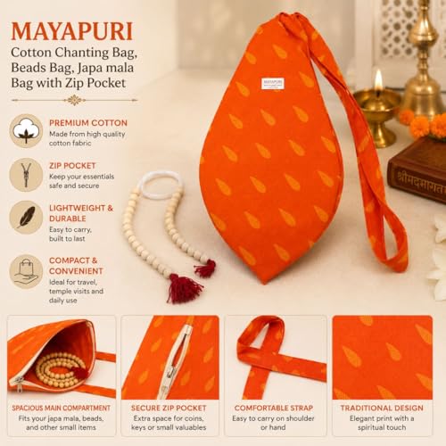 Image of Original Pure Cotton Gomukhi Japa Mala Bag /Chanting Bag or Beads Bag /Jholi /Thole with Zip Pocket and Sakshi Mala Counter (Saffron Orange)