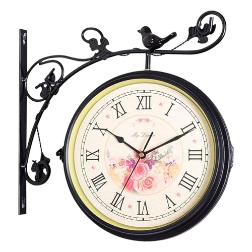 Gralara Orologio Da Stazione Bifacciale, Rotondo Da 25 Cm, per Camera E Patio, nero retrò