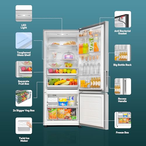 Image of Haier 445 L, 2 Star, Convertible 14-in-1 Triple Inverter & Fan Motor Technology, with Display Frost Free, Bottom Mounted Double Door Refrigerator (HRB-4952BIS-P, Inox Steel)