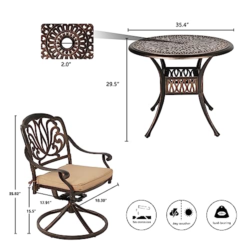 Grepatio 5 Piece Outdoor Dining Set Cast Aluminum Patio Dining Set Table and Chairs Outside Furniture 4 Swivel Chairs with Cushion and 1 Umbrella Hole Round Dining Table for Lawn Garden Patio (Khaki)