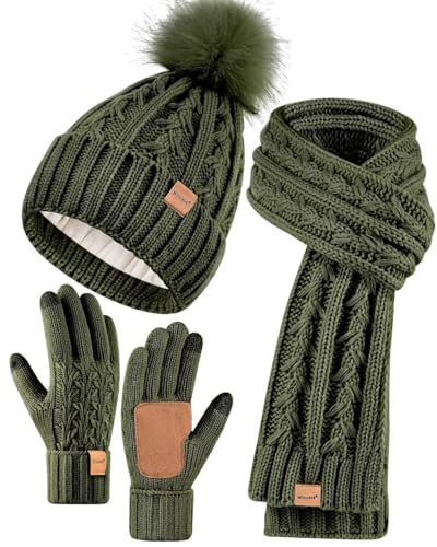 Womens Beanie Hat Scarf Gloves Set with Fleece Lining
