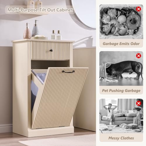 Image of IFBUY Tilt Out Laundry Hamper Cabinet, Modern Trash Can Cabinet, Cream