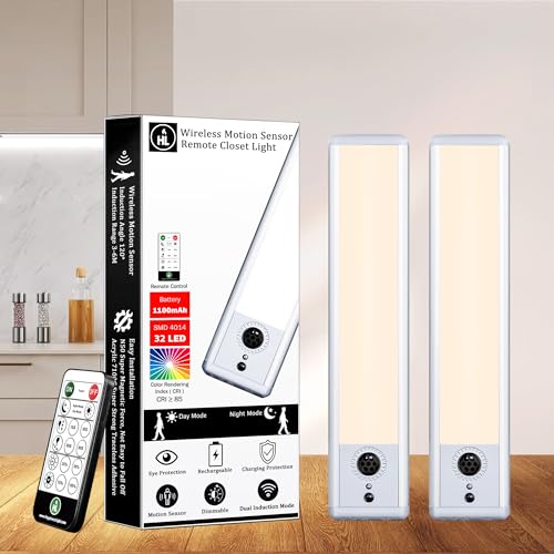 HL Under Cabinet Lighting, LED Motion Sensor Light Indoor, Rechargeable Closet Lights Wireless, Magnetic with Remote Dimmable Under Counter Lights for Kitchen Stairs Warm White 2Pack
