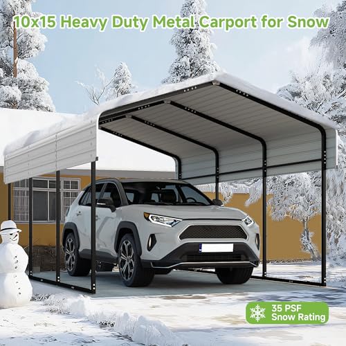 Image of Real Relax 10x15FT Heavy Duty Metal Carport, Outdoor Carport Canopy with Galvanized Steel Roof and Reinforced Base for All-Weather, Garage Shelter Shade for Trucks, Boats, Party, Cream White