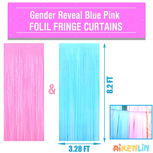 Image of 4 Pack 3.2Ft x 8.2Ft Macaron Pink Blue Foil Fringe Curtain Backdrop, Metallic Tinsel Foil Fringe Streamers for Photo Booth, Wedding, Gender Reveal Backdrop Boy or Girl Birthday Party Decoration