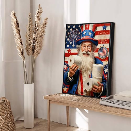 Image of American Flag Framed Canvas Wall Art, Funny 4th of July Bathroom Canvas Prints, Humorous Uncle Sam Toilet Paper Patriotic Decorations, Independence Day Wall Decor for Bathroom Living Room 6x8