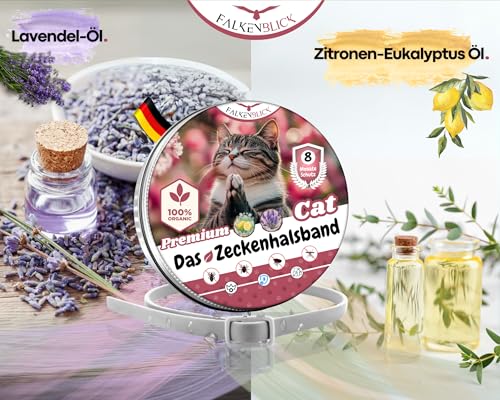 Falkenblick® Das Zeckenhalsband für Katzen 100% Pflanzliches Premium Öl Wirkungsvoller Schutz gegen Zecken Flöhe Mücken Läuse Ungeziefer Lavendel Zitroneneukalyptus - 8 Monate Wirkungsdauer