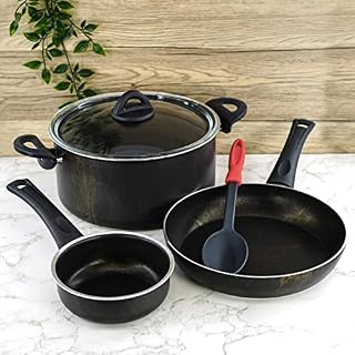 5 pc Cookware Set Pots and Pans Set with Glass Lid Cooking Set Non-Stick Granite Coating Dishwasher-Safe Kitchen Set for Gas, Halogen, and Electric Cookers - Black Marble Effect