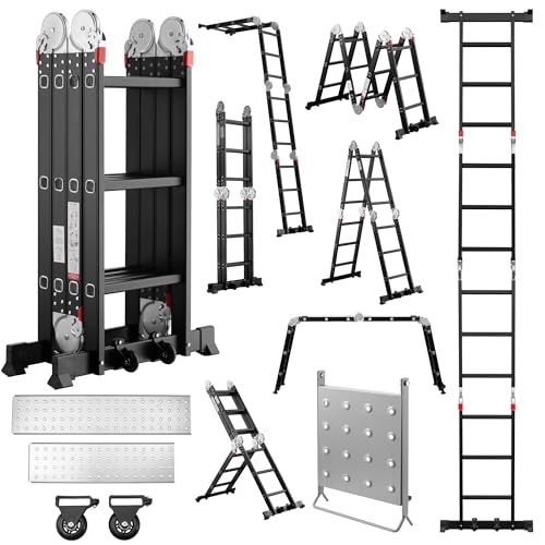 TEENO Escalera Multifunción 7 en 1, 3,6 M, 4 x 3 escalones, Escalera Plegable de Aluminio con 2 Plataformas, Soporte de Trabajo para Escalera, Patas de Goma, 2 Ruedas Extraíbles, Carga 150 kg, Negro