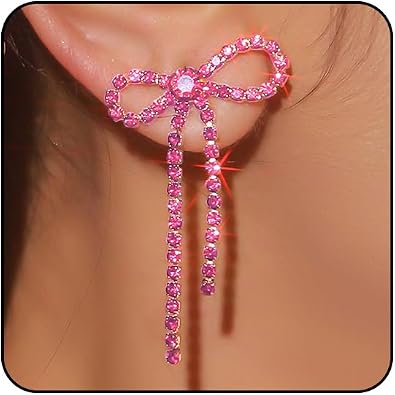 Silver Rhinestone Sparkly Dangle Earrings - Hot Pink, Purple, Blue, Black, Red - Dainty Bow Earrings for Women - Christmas