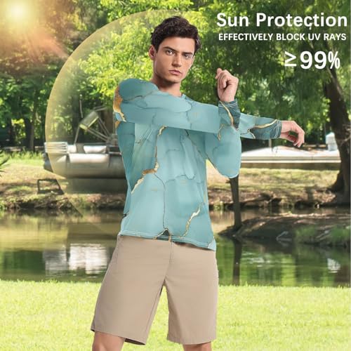 Marble Grey Turquoise UPF 50+ Sun Shirts for Men Slim fit Comfort Mens Sun Protection Long Sleeve Running4
