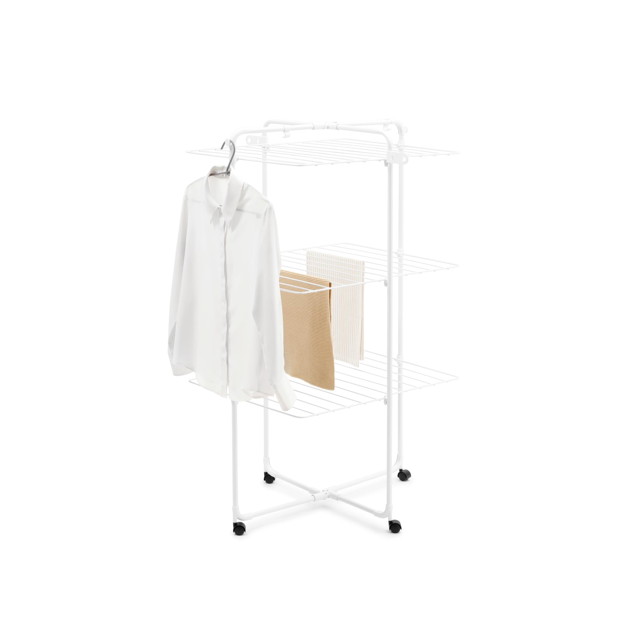 Brabantia HangOn Tendedero en Torre 23 M (Blanco), tendedero Vertical Que Ahorra Espacio, tenderete de Ropa Plegable con 3 Niveles de Secado, Ruedas y Ganchos