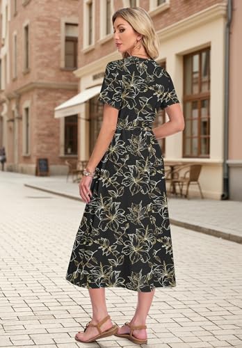 MOLERANI Women Summer Maxi Dress Casual Tie Waist Long Dresses V Neck Short Sleeve Dress with Pockets, Black Gold Leaves, 2XL — view 3